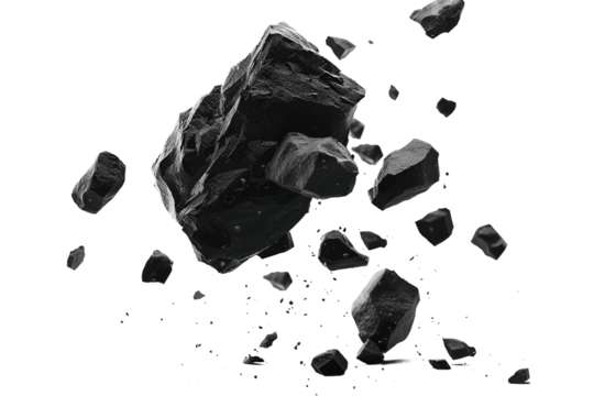 Powerful black rock stone captured as it drops isolated on transparent background
