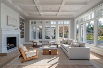 Fototapeta premium Sunlit living room with fireplace, large windows, and beige furniture.
