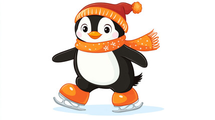 Naklejka premium Adorable Penguin Ice Skating in Winter Hat and Scarf Cute Cartoon Illustration