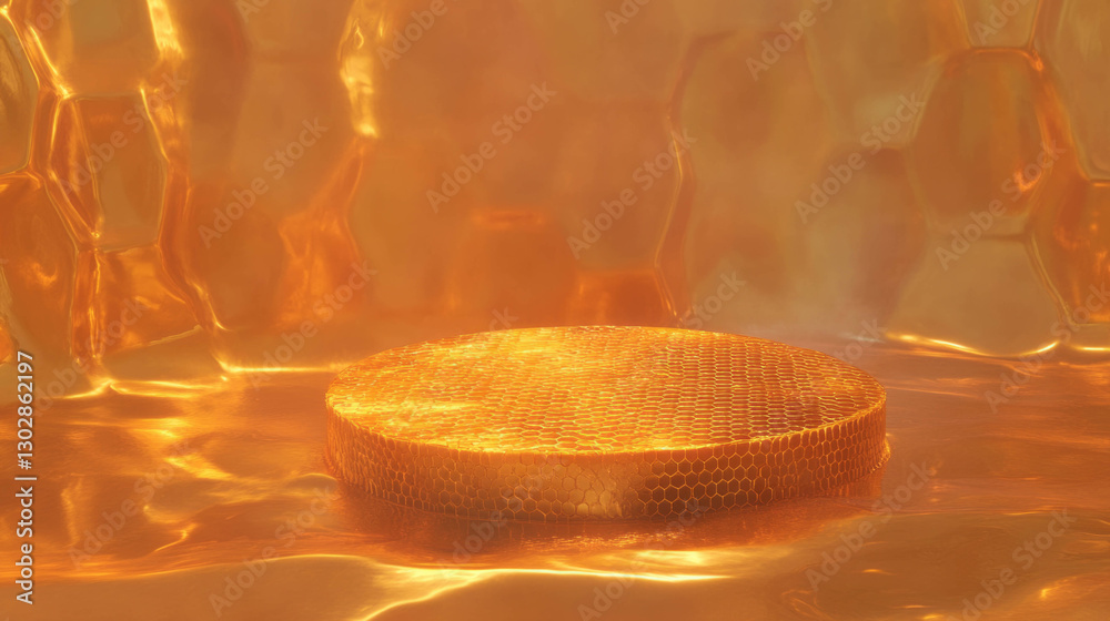 Poster Golden textured podium with honeycomb pattern for elegant design and display