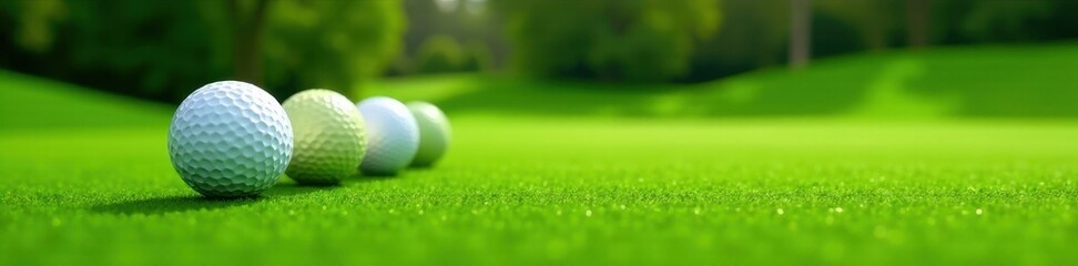 Several golf balls resting on lush green artificial putting green , white, golf equipment, green background