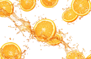 orange slices flying in the air with a water splash, isolated on a transparent background PNG
