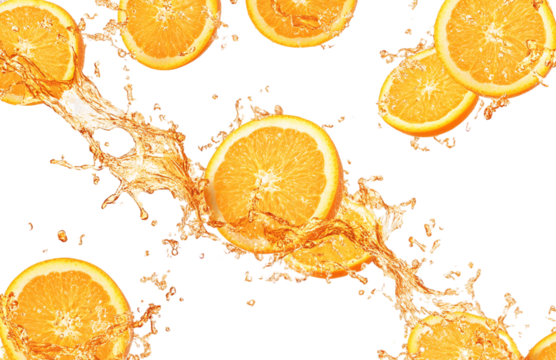 orange slices flying in the air with a water splash, isolated on a transparent background PNG