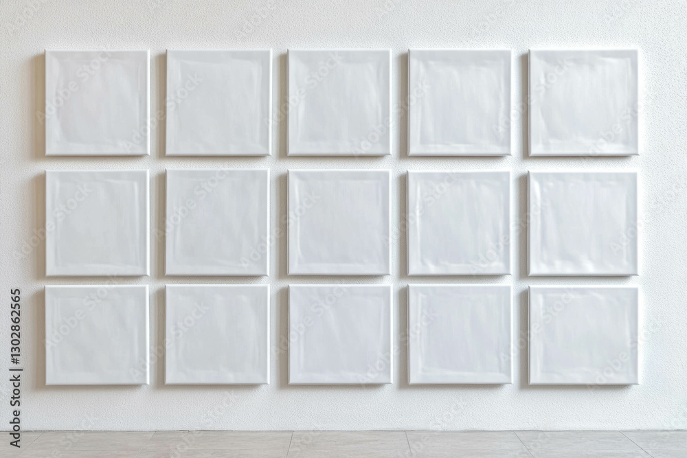 Poster modern minimalist interior with grid of blank white frames on wall for gallery display