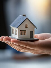 Real estate agent protecting small house model in open palms