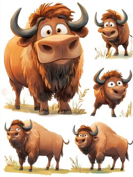 Cartoon character sheet of a wisent smiling and posing