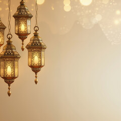 Traditional Arabic lanterns (Fanous) with a golden glow hanging against a soft beige bokeh background, symbolizing Ramadan, Eid, and Islamic heritage in a festive ambiance