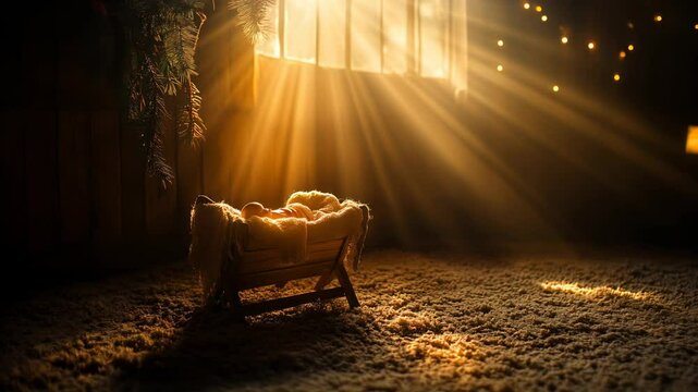 Peaceful nativity scene featuring an empty wooden cradle with a cross and bright light streaming