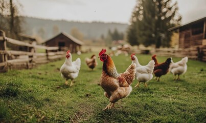 Rooster and Chickens Roaming Freely in Green Farmyard Landscape