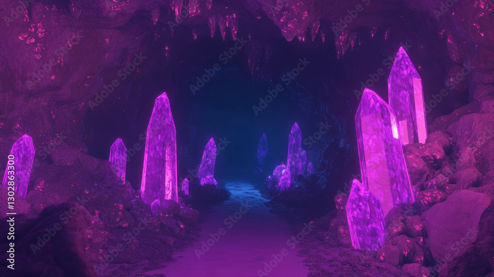 Poster enchanted cave path with glowing crystals in a mystical underground setting