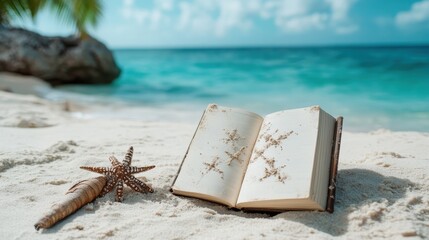 An inviting scene of an open book resting on fine sand beside a starfish, conjuring peaceful beach vibes and a sense of relaxation, perfect for travel and lifestyle themes.