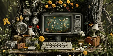 Fototapeta premium Nature's Technology: An antiquated computer sits nestled amidst a vibrant tableau of natural elements—lush foliage, blooming flowers, and vintage objects.