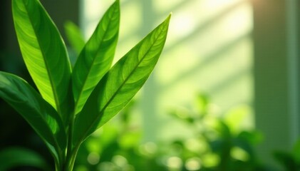 Naklejka premium Sunlight streams through blinds creating striped shadows on vibrant green leaves , leaves, image, ambiance