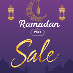 promotional graphic for Ramadan sale in 2025 with golden lanterns, crescent moon, and mosque silhouette