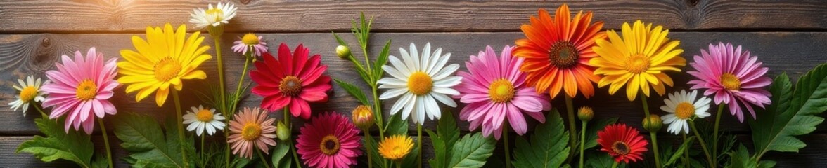 Sunlit bouquet of wildflowers, aged wooden surface, pretty, wild, shadow