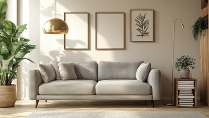 Fototapeta premium Sunlit living room with grey sofa, plants, and artwork.
