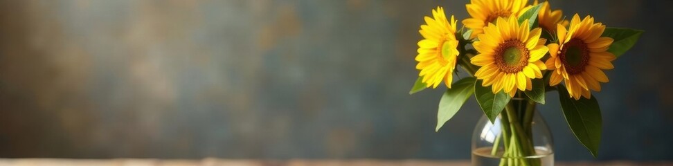 Obraz premium Tall sunflowers in clear glass vase, rustic charm , bouquet, detail