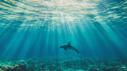 Naklejka premium Graceful dolphin swimming underwater in sunlit ocean depths