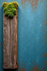 Rustic Wooden Plank with Vibrant Green Moss Accents on a Textured Teal Background