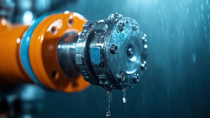 Fototapeta premium This close-up of a wet industrial valve dripping water highlights the essential functions of water regulation in various industrial applications and the beauty of mechanics in action.