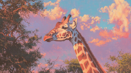 Graceful giraffe grazing in vibrant sunset scene for wildlife nature art
