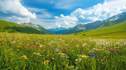 Lush greenery and wildflowers blooming in a natural landscape mountain valley scenic viewpoint organic environment