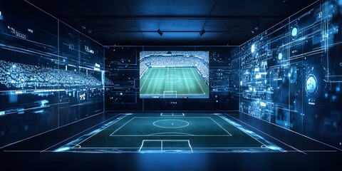 Football Stadium Digital Display: Futuristic digital rendering of an indoor football stadium, featuring a large screen displaying the field.