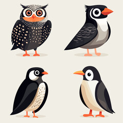 Naklejka premium Cute cartoon bird illustration showcasing an owl, penguin, and finch