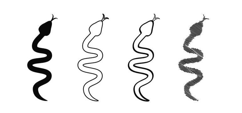 Snake with poisonous tongue. Tropical wildlife reptiles. Cartoon snakes. Poisoned serpents. Snake silhouet, python, anaconda. Animal icon. Wild life symbol. Reptile snake