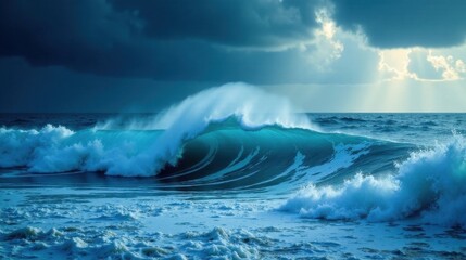 Fototapeta premium Ocean's Majesty A Breathtaking View of a Powerful Wave Curling Under a Dramatic Sky