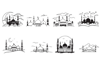 Naklejka premium Mosques,Hand painted mosque vector silhouette.