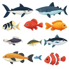 Fototapeta premium Variety of colorful cartoon fish including sharks, goldfish, and clownfish