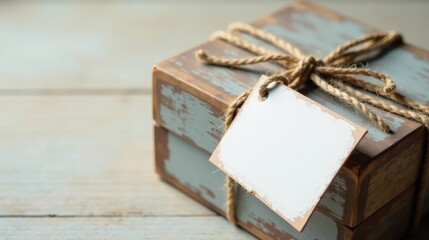Rustic wooden gift box with a blank tag tied with twine, ready for a personalized message.