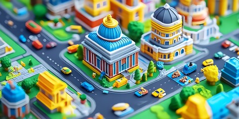 Miniature Cityscape: A vibrant miniature model of a city, showcasing intricate details of buildings, streets, and vehicles. The model, constructed with colorful materials.