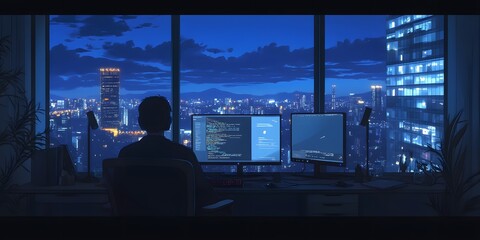 Night Programmer: A lone programmer intensely focused, working at his desk in front of a cityscape, bathed in the blue glow of the night.