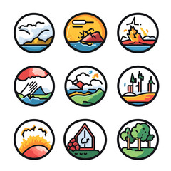 Illustrated circular icons featuring diverse landscape scenes, outlined style