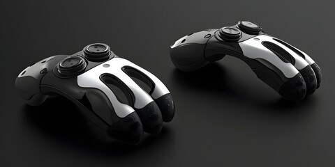 Futuristic Gaming Gloves: Sleek, black and silver gaming gloves with a unique design, hinting at advanced technology and immersive gameplay.  The gloves are set against a dark background.
