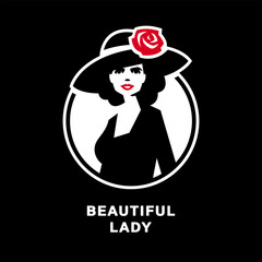 Silhouette of a woman in a hat on a dark background.