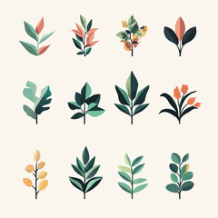 Vector art of illustrated botanical plants with leaves and branch set