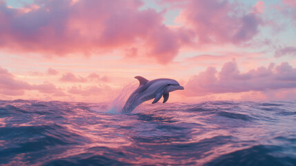 Playful dolphin leaping from ocean at sunset for marine life appreciation design