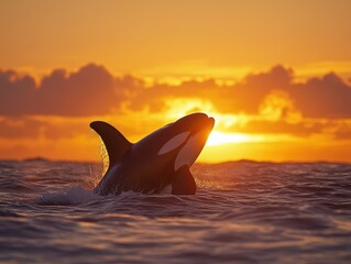 Fototapeta premium Majestic orca breaching at sunset ocean wildlife photography natural habitat side view marine life beauty
