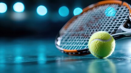 A close-up view of a tennis racket and a vibrant yellow ball on a reflective surface, showcasing the equipment used in this dynamic and popular sport.