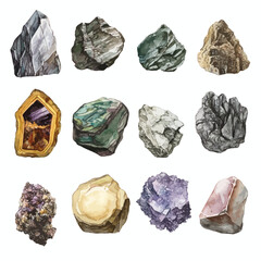 Watercolor painting of assorted mineral stones on a white background
