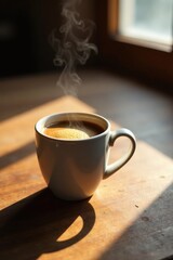 Obraz premium Aromatic Morning Brew Steam Rising from a White Mug of Coffee on a Sunny Wooden Table