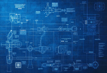 Technical blueprint design featuring engineering drawings and schematics on a blue background for industrial applications