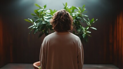 A person in a cozy sweater stands back to the camera, surrounded by green plants in a warmly lit environment, depicting a sense of calm and connection with nature.