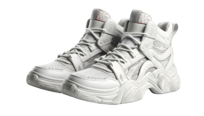 Stylish white high-top sneakers on transparent background, sport shoes isolated on white background