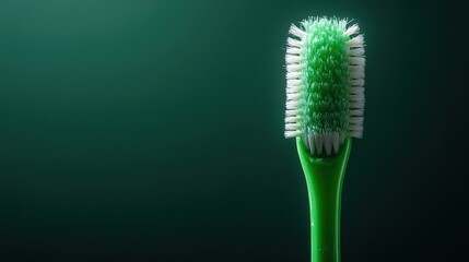 This close-up image of a green toothbrush against a dark background highlights the importance of dental hygiene and care in a visually striking manner.