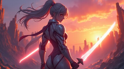 Warrior girl in futuristic suit holding sword with energy blade against sunset in ruined city, anime style