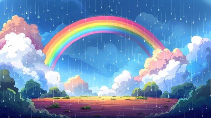 Obraz premium Rainbow After the Rain: a vivid rainbow arches gracefully across a sky dotted with fluffy clouds and gentle raindrops, over a grassy field. It captures the joy of a new day.
